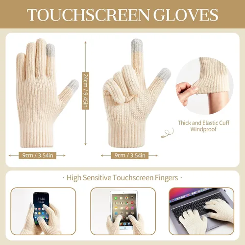 Miniatura 3 de Coolprince Gorro de invierno para mujer, bufanda larga, guantes para pantalla táctil, con forro polar, gorro de punto cálido con pompón