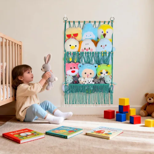 Miniatura 2 de Red de almacenamiento de animales de peluche de 2 niveles, 17 x 32 pulgadas, organizador grande de animales de peluche para pequeños rellenos