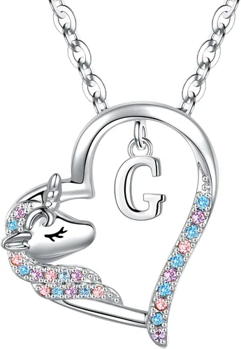Miniatura 28 de Anoup Collar con inicial de unicornio, chapado en oro de 14 quilates, hipoalergénico con circonita cúbica, colgante de diamante simulado, joyería