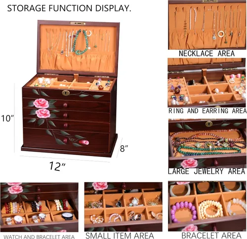 Miniatura 4 de Xloverise Joyero de madera para Wowen, organizador de 5 capas de pintura a mano con colgador de collar, organizador de cajas de joyería grandes
