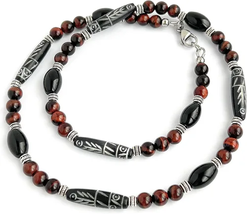 Mami's Gem Studio Collar de estilo tribal para hombre, cuentas con hueso tallado, ónix negro y piedras preciosas, hecho a mano en Estados Unidos