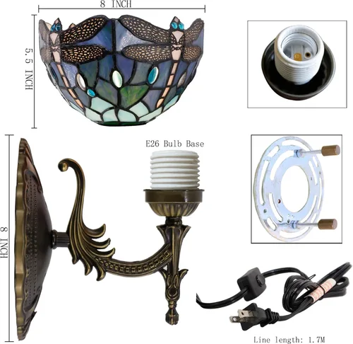 Miniatura 3 de Tiffany - Lámpara de pared enchufable o de cable duro con pantalla de cristal de libélula azul de 8 pulgadas, 8 x 10.5 x 11 pulgadas, acabado base