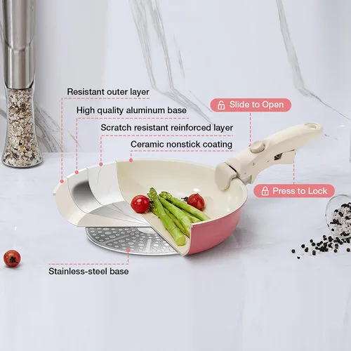 Miniatura 7 de Juego de ollas y sartenes de cerámica antiadherente, juego de 7 piezas de utensilios de cocina antiadherentes con mango desmontable, juego de Rosa