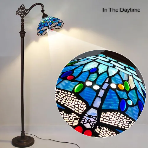 Miniatura 4 de Capulina Tiffany - Lámpara de pie con vitrales de 62 pulgadas de alto, libélula azul, antigua, suave, arqueada, ángulo ajustable, lámpara de pie