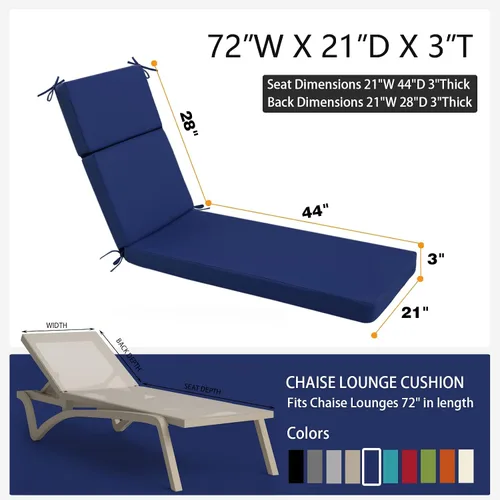 Miniatura 2 de idee-home Cojines de tumbona para exteriores, para muebles de patio, 72 pulgadas de largo x 21 pulgadas de ancho x 3 pulgadas de profundidad