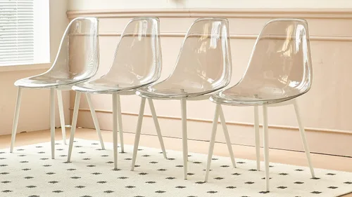 Miniatura 8 de Juego de 4 sillas de comedor amarillas transparentes, asiento moderno minimalista de plástico PP transparente con patas de metal para cocina y sala