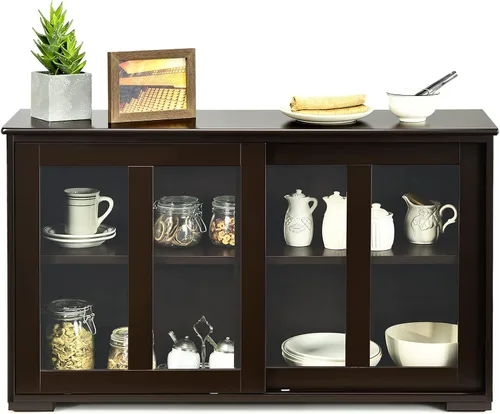 Miniatura 8 de Byroce - Aparador de buffet, armario apilable de almacenamiento para barra de café con estante ajustable y puertas correderas de vidrio, armario