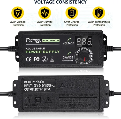 Miniatura 3 de Facmogu Fuente de alimentación ajustable de 3V-12V 5A 60W con pantalla LED, CC variable 3V 5V 6V 9V 12V Adaptador universal AC/DC, 100V-240V AC a DC