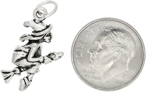 Miniatura 2 de LGU Plata de ley oxidada tres dimensiones bruja volando en una escoba encanto, Plata esterlina