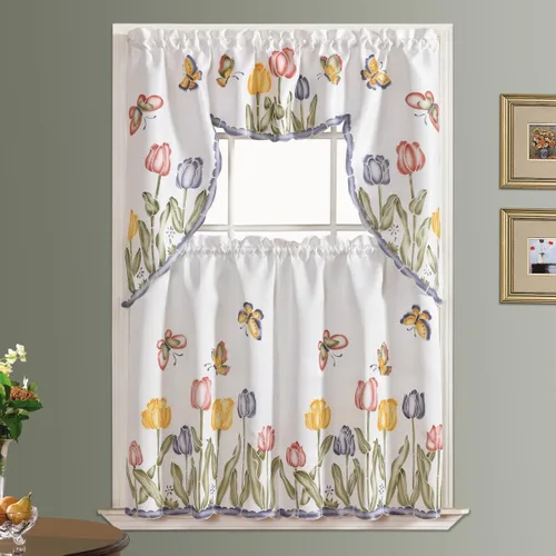 Miniatura 4 de GOHD - Juego de 3 cortinas de cocina estilo casa de campo, cepilladas al aire a mano de flores y mariposas en tela de satén gruesa