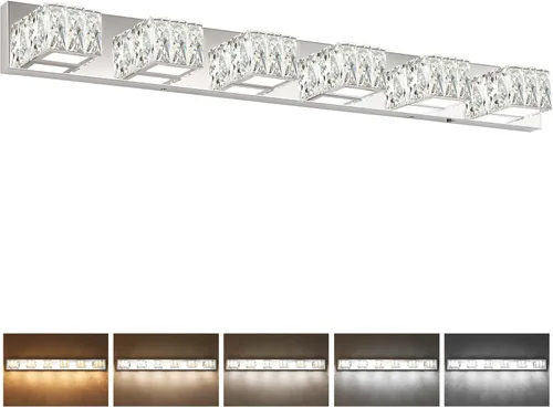 Miniatura 14 de Lámpara LED de baño – Moderna lámpara de tocador de cristal de 3 luces – Lámpara de pared cromada para baño 5CCT regulable