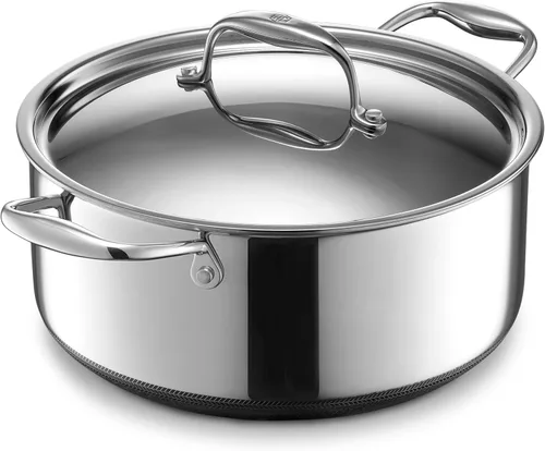 HexClad Horno Holandés Híbrido Antiadherente de 5 Cuartos de Galón con Tapa de Acero Inoxidable, Asas que se Mantienen Frías, Apto para