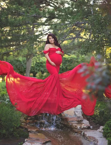 Miniatura 8 de ORQ Vestido de gasa de maternidad con hombros descubiertos para accesorios de fotos, vestido maxi de fotografía para sesión de fotos