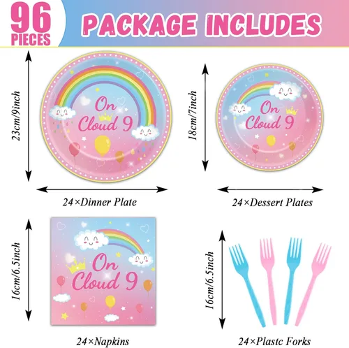 Miniatura 2 de 96 piezas de decoraciones de cumpleaños de On Cloud 9 para niñas, suministros de platos y servilletas de fiesta On Cloud 9, juego de vajilla
