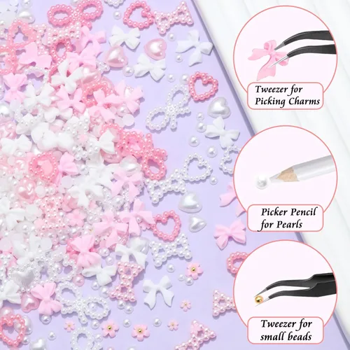 Miniatura 4 de RODAKY 1000 dijes de uñas con lazo, lazo rosa y blanco, corazón, estrella, coqueta, decoración de uñas, cuentas de perlas con parte trasera plana