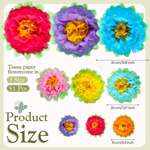 Miniatura 2 de Tigeen Juego de 51 flores de papel mexicanas gigantes de tejido 3D, Mardi Gras, carnavales, crepé colorido, fiesta, flores de papel para pared
