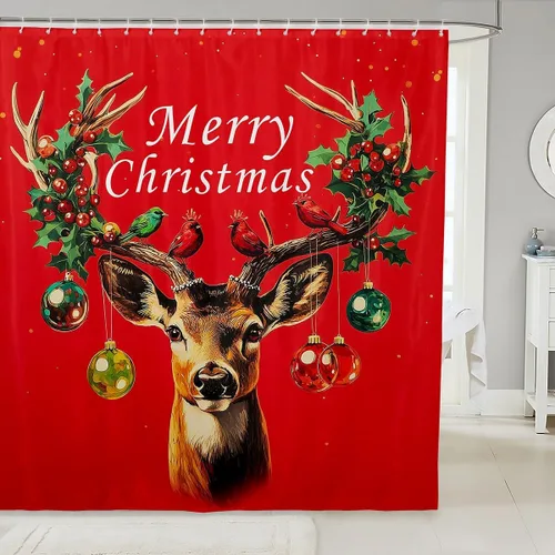 Miniatura 8 de Homewish Cortina de ducha de árbol de Navidad, juego de cortina de ducha de baño con diseño de copo de nieve dorado para niños y adultos, cortina