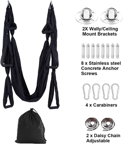 Miniatura 4 de Kit de hamaca de yoga para trapecio aéreo, ultra fuerte, antigravedad para yoga, volador, juego de herramientas de columpio de inversión Negro