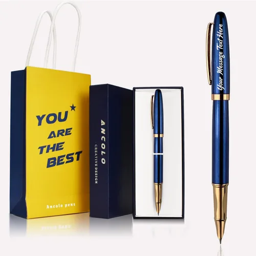 Ancolo Pluma estilográfica personalizada con cuerpo de metal con caja para bolígrafos, 2 cartuchos de tinta negra personalizados con tu mensaje,