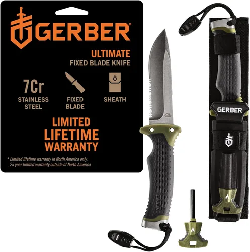 Gerber Gear Ultimate Cuchillo de Supervivencia, Cuchillo de Hoja Fija con Filo Combinado, incluye Iniciador de Fuego y Varilla de Ferrocerio,