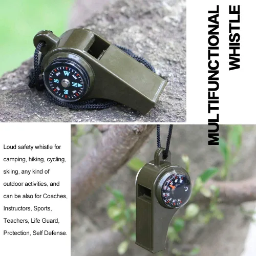 Miniatura 4 de Paquete de 2 silbatos de supervivencia de emergencia, silbatos de emergencia 3 en 1 con brújula y termómetro, silbato de seguridad fuerte con cordón