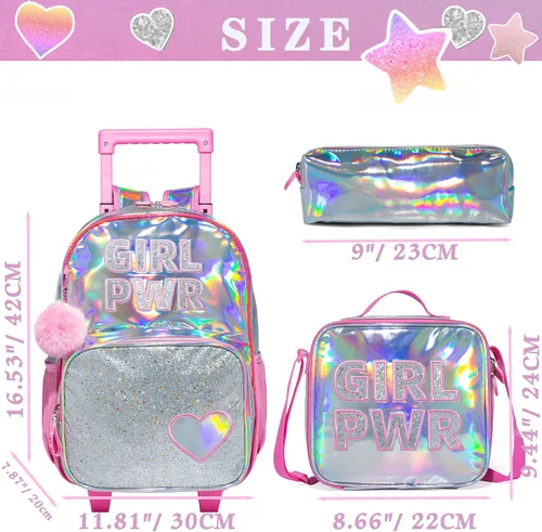 Miniatura 2 de HTgroce Mochila con ruedas para niñas, mochila escolar con ruedas, bolsa escolar con bolsa de almuerzo y bolsa para lápices, mochila con ruedas