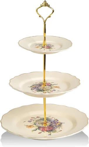 Miniatura 21 de Sweejar Soporte de cerámica para tartas de 3 niveles, soporte para postres, soporte para cupcakes, bandeja para servir pasteles de fiesta de té