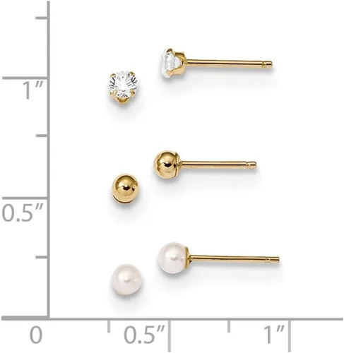 Miniatura 2 de Juego de 3 pares de aretes de oro amarillo macizo de 14 quilates, circonita cúbica y perlas cultivadas de agua dulce (0.130 in x 0.130 in)