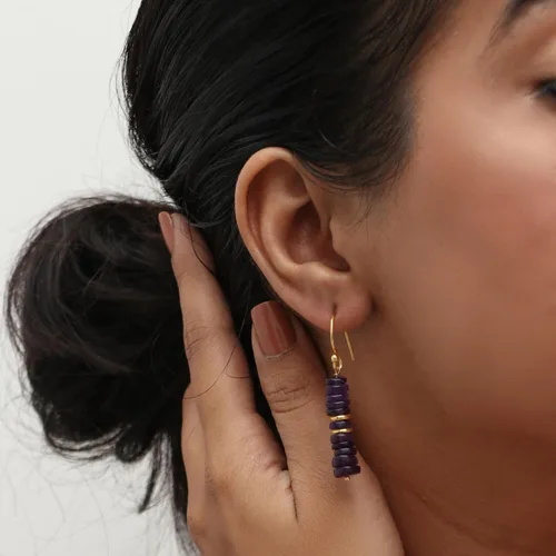 Miniatura 6 de Pendientes colgantes de cuentas naturales ligeros hechos a mano con cristales de joyería hipoalergénica sin manchas chapados en oro, joyería