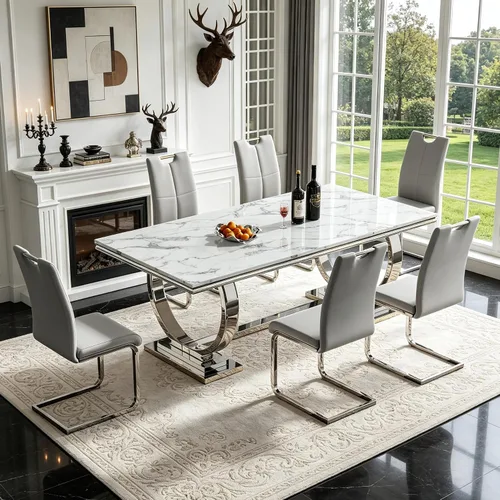 Miniatura 31 de 5 Piece Black Marble Dining Table Set for 4, Modern Faux Marble Kitchen Dining Room Tables with 4 Leather Chairs Set, 68.11" Luxury Rectangular