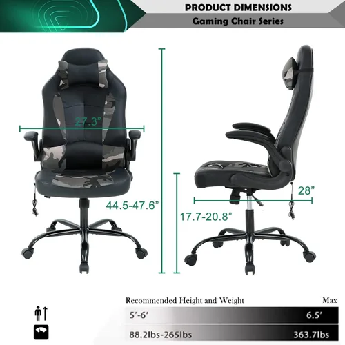 Miniatura 2 de Sillas de computadora para adultos, silla ergonómica de videojuegos con cojín lumbar grueso y brazos abatibles, silla de escritorio de piel
