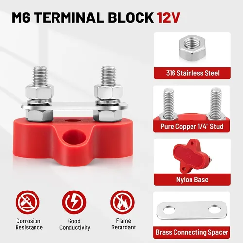 Miniatura 3 de RED WOLF Bloque de distribución de energía de 12 V 100 A, barra colectora de doble perno de 1/4", barra de bus terminal M6, poste de conexión