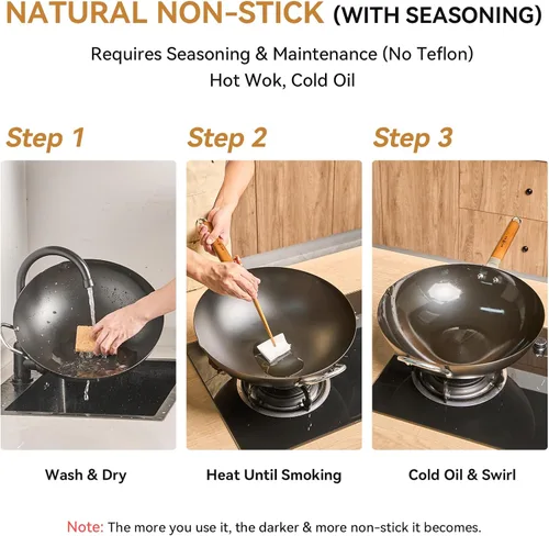 Miniatura 8 de WANGYUANJI Wok de Hierro, Woks de 14.2 Pulgadas para Saltear, Sartén China sin Recubrimiento, Olla de Hierro Tradicional de Fondo Plano