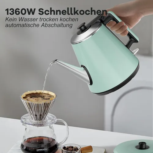 Miniatura 3 de Hervidor eléctrico pequeño de 0.9 L, acero inoxidable 304, 1000 W de ebullición rápida, diseño verde vintage, apagado automático, protección contra