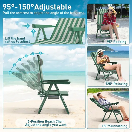 Miniatura 6 de Suteck Sillas de playa tipo mochila para adultos, paquete de 2, silla reclinable plegable de 6 posiciones con bolsa enfriadora y soporte para tazas