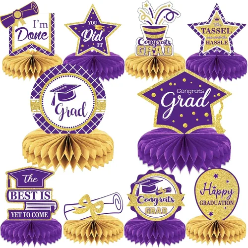 Miniatura 10 de 10 piezas de decoraciones de fiesta de graduación 2026 Felicidades graduados de panal de abeja centros de mesa de felicitaciones para fiesta