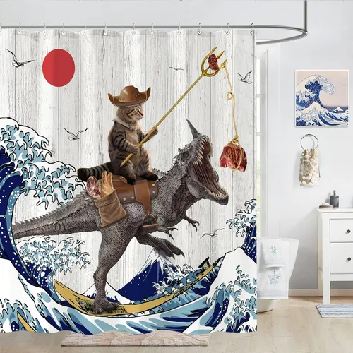 Miniatura 4 de Cortina de ducha divertida con gato y dinosaurio, cortina de baño fresca y genial con olas del océano japonés, cortinas impermeables de tela