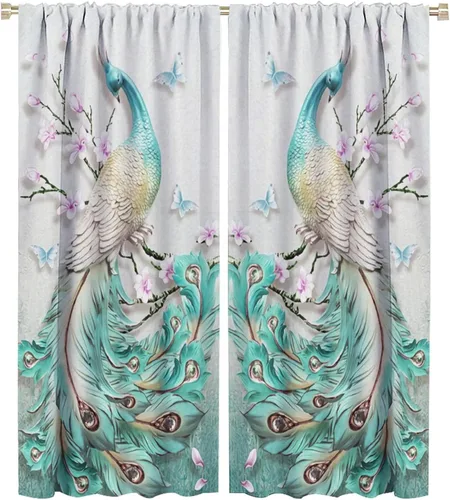 Miniatura 71 de Cortina opaca con estampado de pavo real, con estampado de animales retro, con bolsillo para cortinero y flores de peonía doradas, para dormitorio