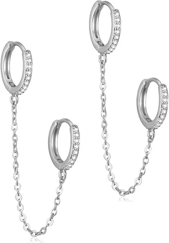 Unique Corn Aretes de aro de cadena, chapados en oro de 14 quilates, aretes de doble piercing, delicados y pequeños, aretes de cadena minimalista