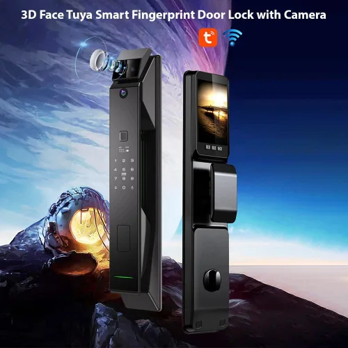 Miniatura 3 de Cerradura de puerta inteligente de huellas dactilares con cámara, cerradura de puerta de entrada sin llave de reconocimiento facial 3D, cerradura