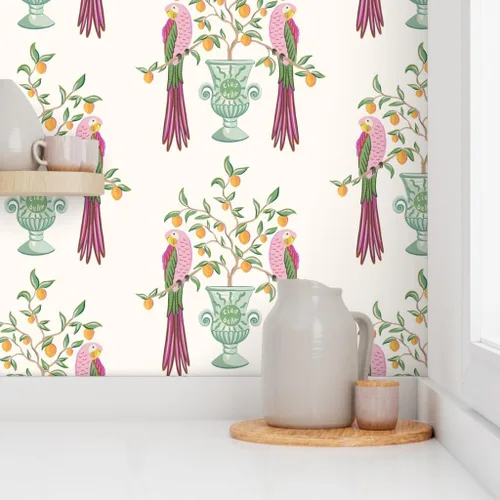Miniatura 8 de Muestra de papel tapiz extraíble – Pájaros botánicos tropicales loro cítrico floral caprichoso vid hojas naranja limón italiano personalizado