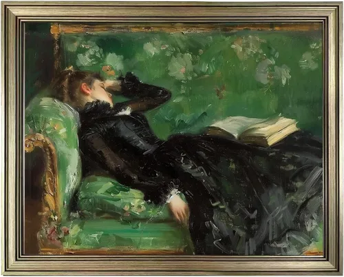 Arte de Pared de Lienzo Enmarcado de Mujer Vintage Leyendo Libro, Pintura al Óleo Melancólica Negra y Verde, Decoración para Sala de Estar y Libro