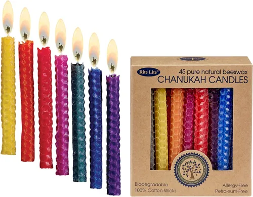 Rite Lite Velas de Hanukkah multicolor de cera de abeja de panal – Paquete colorido a granel de 45 unidades decorativas y se adapta a la mayoría de
