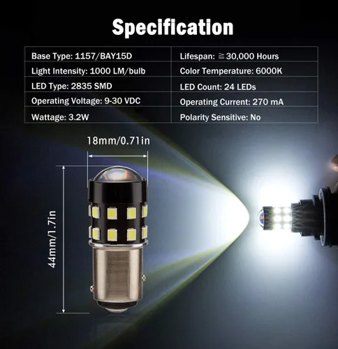 Miniatura 2 de Bombillas LED BAY15D superbrillantes 1157 2057 2357 7528 BAY15D 6000K xenón blanco 24-SMD LED chipsets con proyector para luces de marcha atrás