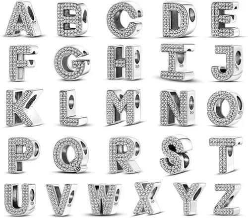 Miniatura 4 de CINKOLA Dijes de plata de ley 925 con letras del alfabeto A-Z con piedras cúbicas, colgantes aptos para pulseras europeas originales, dijes, joyería