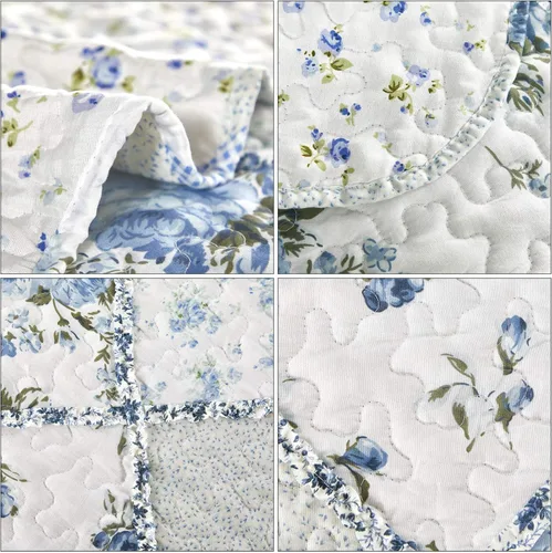 Miniatura 7 de VIVILINEN Juego de edredón de retazos florales azules, tamaño matrimonial, juego de ropa de cama de 3 piezas con 2 fundas de almohada