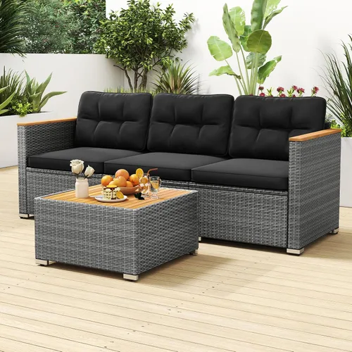 Miniatura 4 de Tangkula Sofá de mimbre para patio de 3 asientos, juego de muebles de ratán de 3 plazas con reposabrazos de madera de acacia y cojín grueso, sofá