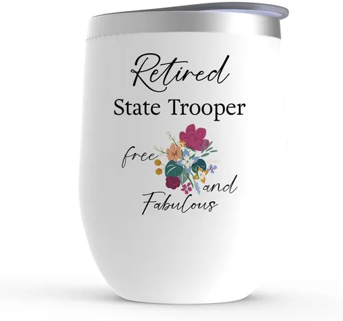 Retirement Gifts for State Trooper - Provincial Police Territorial United States Cop Sheriff Patrol - Stemless Steel Insulated Wine Tumbler with Lid