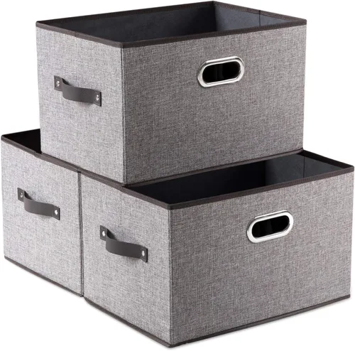 Miniatura 36 de PRANDOM Contenedores de almacenamiento plegables más grandes para clóset [5 unidades] cestas decorativas de tela de lino con asas de cuero y metal