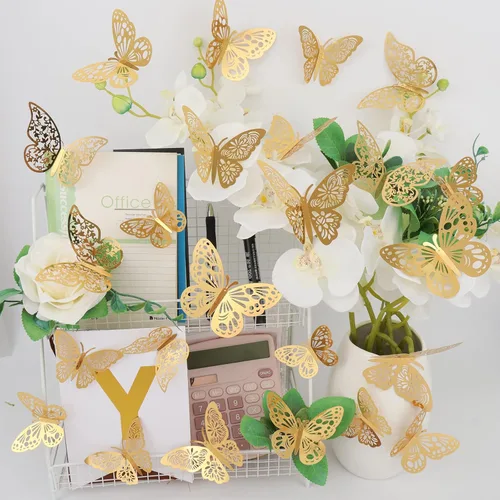 Miniatura 7 de 72 piezas de decoración de pared de mariposa, 3 estilos, 3 tamaños, mariposa dorada 3D, decoraciones de boda, decoraciones de fiesta de cumpleaños